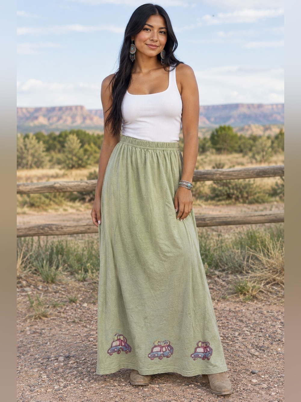 BLUE FISH Light Green Maxi Skirt with Painted Car Motif